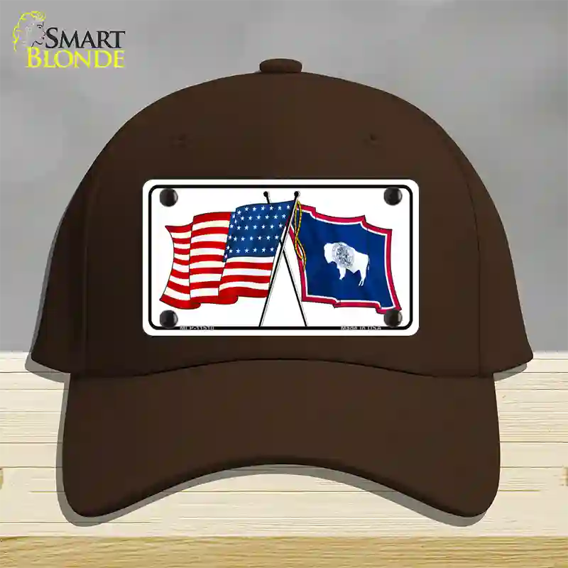 Wyoming Crossed US Flag Novelty License Plate Hat Cotton / Dark Brown