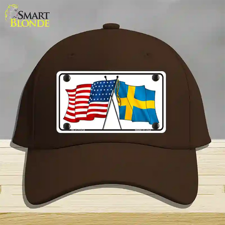 Sweden Crossed US Flag Novelty License Plate Hat Cotton / Dark Brown