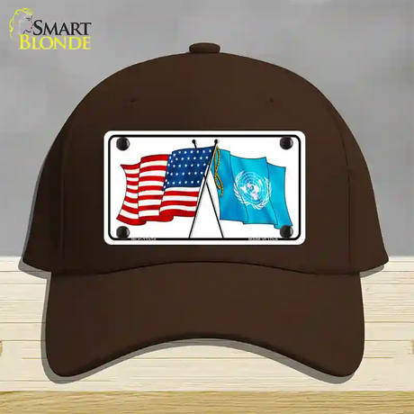 United Nation Crossed US Flag Novelty License Plate Hat Cotton / Dark Brown