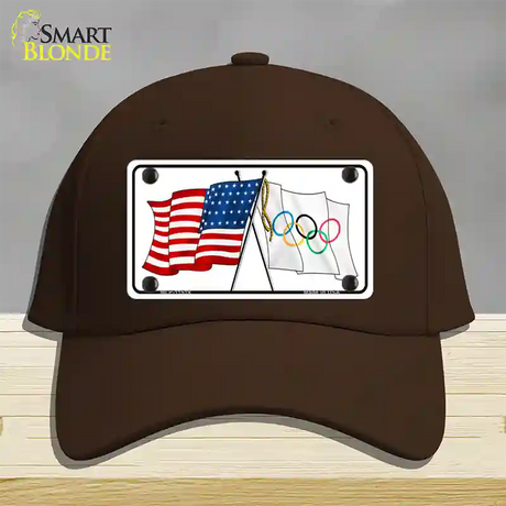 Olympic Crossed US Flag Novelty License Plate Hat Cotton / Dark Brown