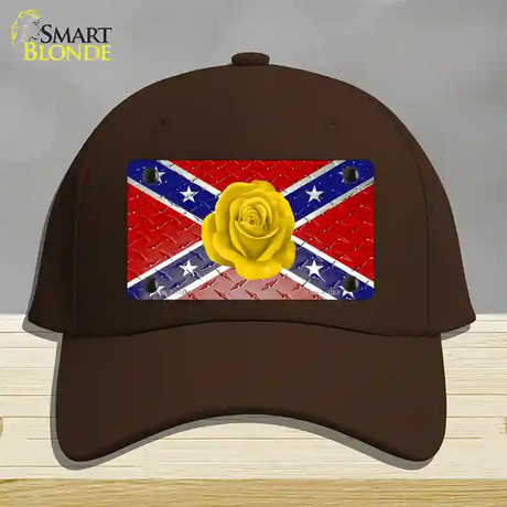 Confederate Flag With Yellow Rose Novelty License Plate Hat Cotton / Dark Brown