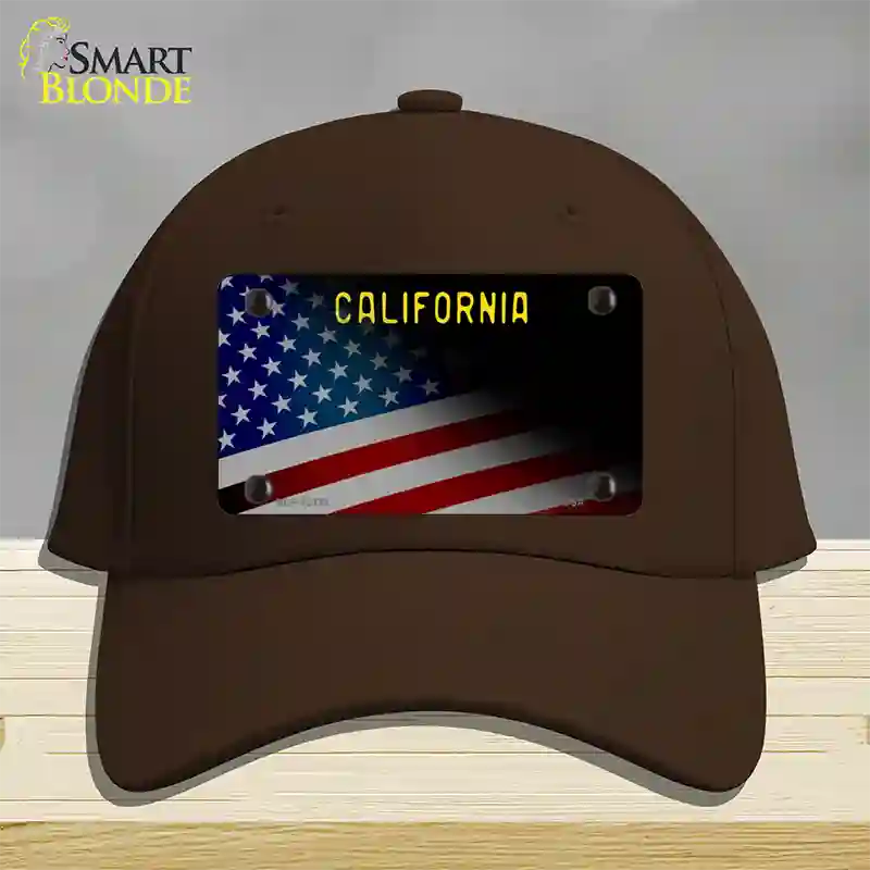 California with American Flag Novelty License Plate Hat Cotton / Dark Brown