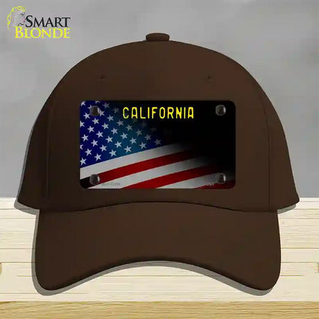 California with American Flag Novelty License Plate Hat Cotton / Dark Brown