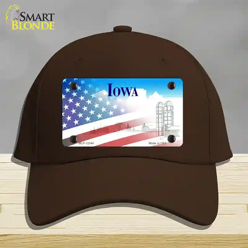 Iowa with American Flag Novelty License Plate Hat Cotton / Dark Brown