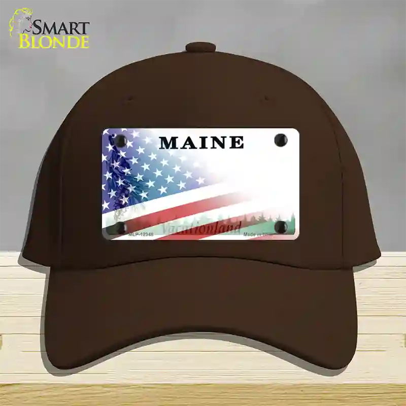 Maine with American Flag Novelty License Plate Hat Cotton / Dark Brown