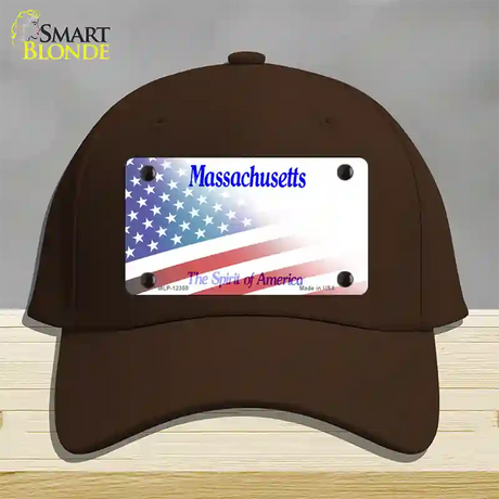 Massachusetts with American Flag Novelty License Plate Hat Cotton / Dark Brown