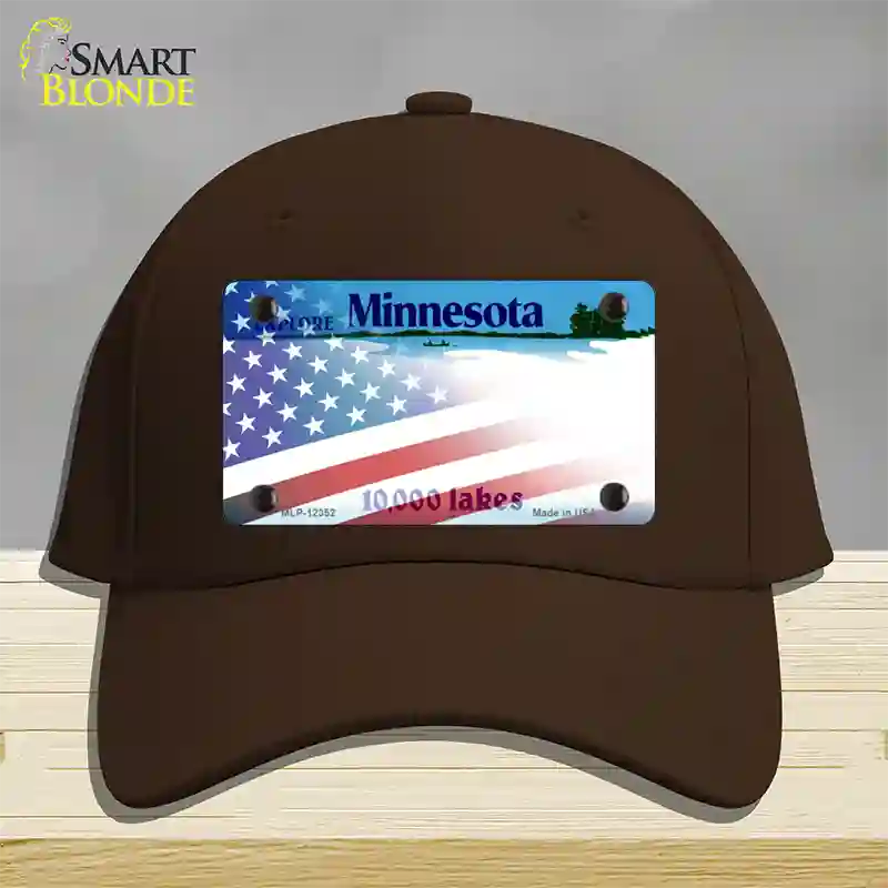 Minnesota with American Flag Novelty License Plate Hat Cotton / Dark Brown