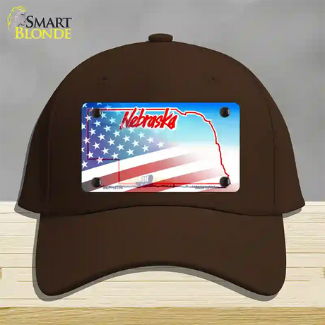 Nebraska with American Flag Novelty License Plate Hat Cotton / Dark Brown