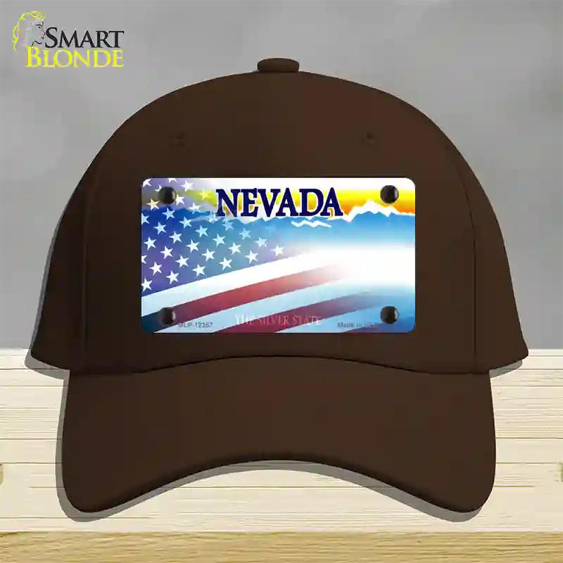 Nevada with American Flag Novelty License Plate Hat Cotton / Dark Brown