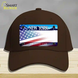 New York with American Flag Novelty License Plate Hat Cotton / Dark Brown