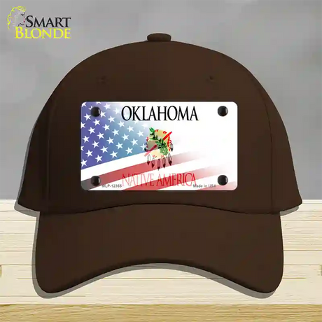 Oklahoma with American Flag Novelty License Plate Hat Cotton / Dark Brown