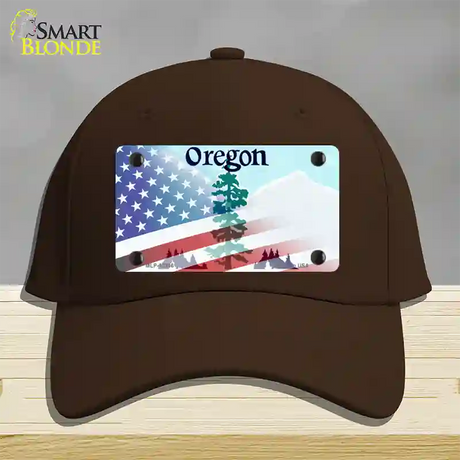 Oregon with American Flag Novelty License Plate Hat Cotton / Dark Brown