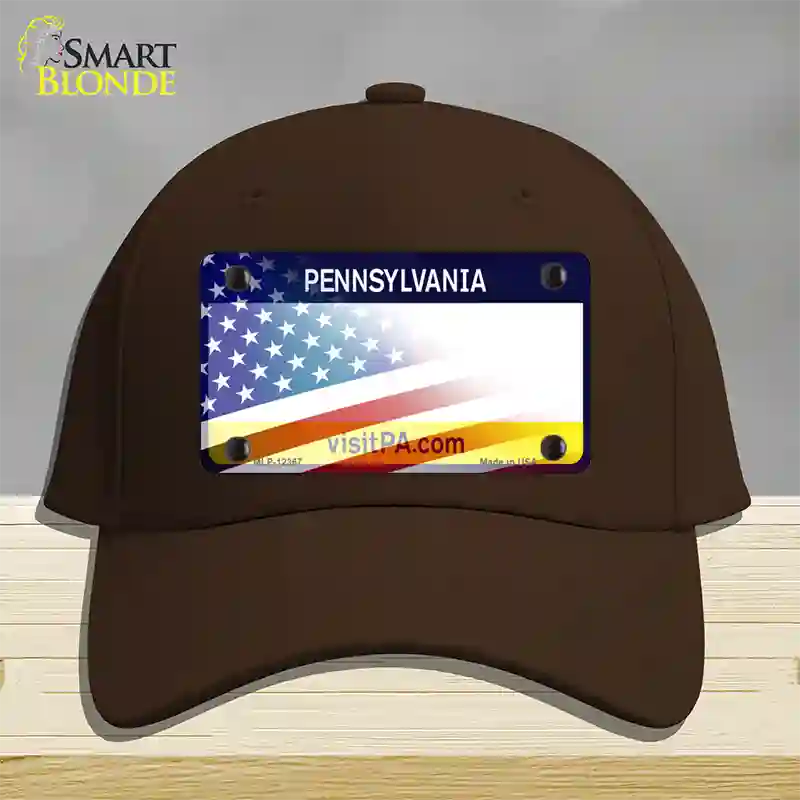 Pennsylvania with American Flag Novelty License Plate Hat Cotton / Dark Brown