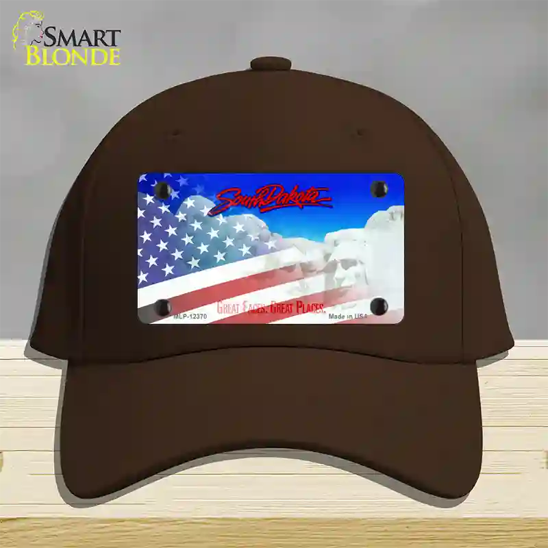 South Dakota with American Flag Novelty License Plate Hat Cotton / Dark Brown