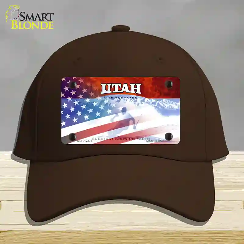 Utah with American Flag Novelty License Plate Hat Cotton / Dark Brown