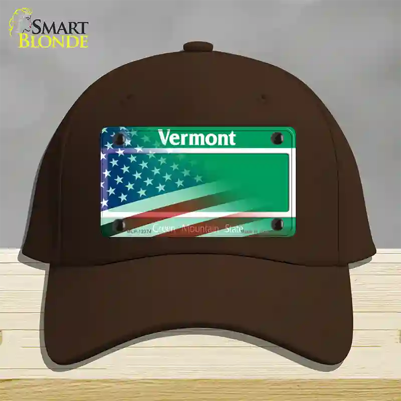 Vermont with American Flag Novelty License Plate Hat Cotton / Dark Brown