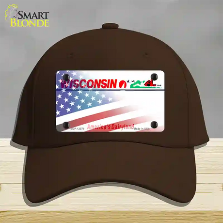 Wisconsin with American Flag Novelty License Plate Hat Cotton / Dark Brown