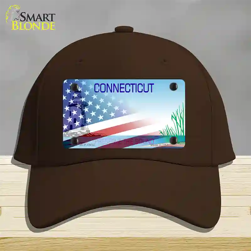 Connecticut Preserve with American Flag Novelty License Plate Hat Cotton / Dark Brown