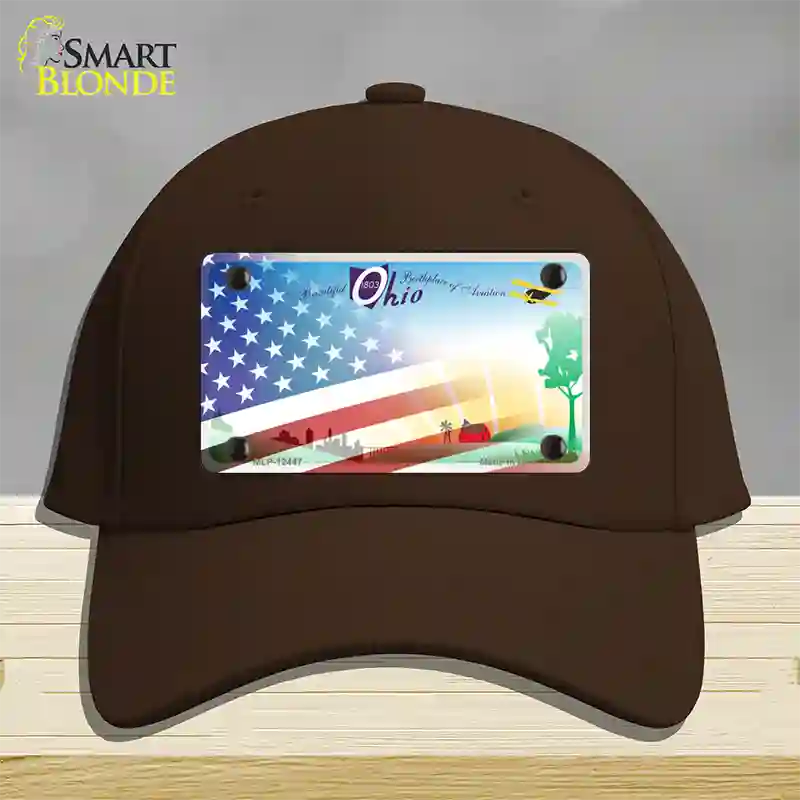 Ohio Birthplace with American Flag Novelty License Plate Hat Cotton / Dark Brown