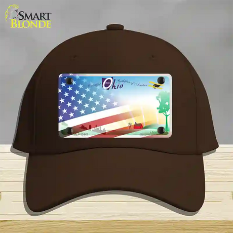 Ohio Birthplace with American Flag Novelty License Plate Hat Cotton / Dark Brown