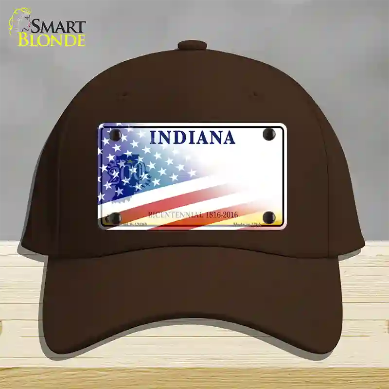 Indiana Bicentennial with American Flag Novelty License Plate Hat Cotton / Dark Brown