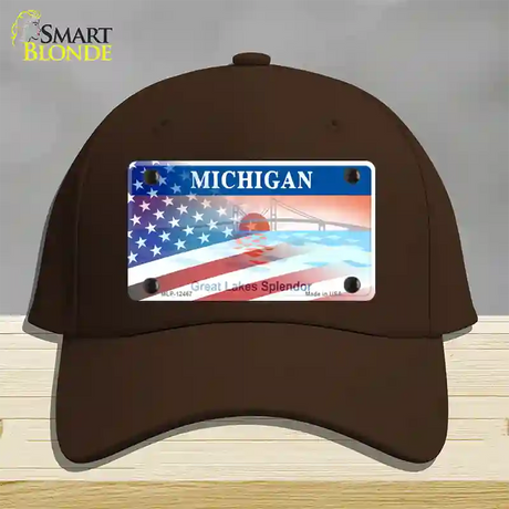 Michigan Splendor with American Flag Novelty License Plate Hat Cotton / Dark Brown