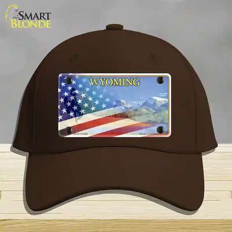 Wyoming State with American Flag Novelty License Plate Hat Cotton / Dark Brown