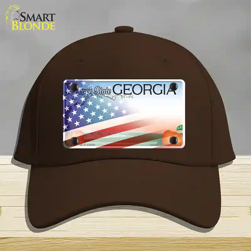 Georgia Peach with American Flag Novelty License Plate Hat Cotton / Dark Brown