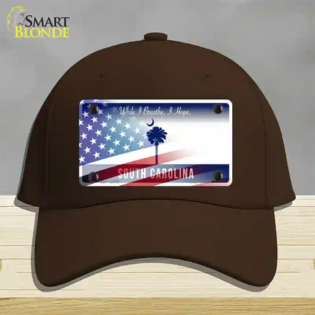 South Carolina Blue with American Flag Novelty License Plate Hat Cotton / Dark Brown