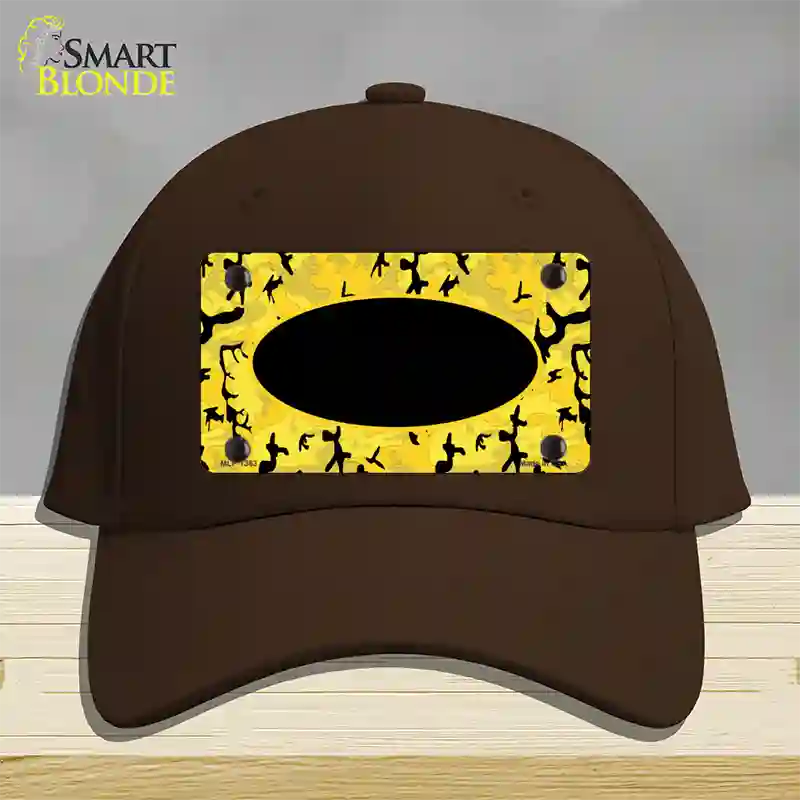 Yellow Black Camouflage With Black Center Oval Novelty License Plate Hat Cotton / Dark Brown