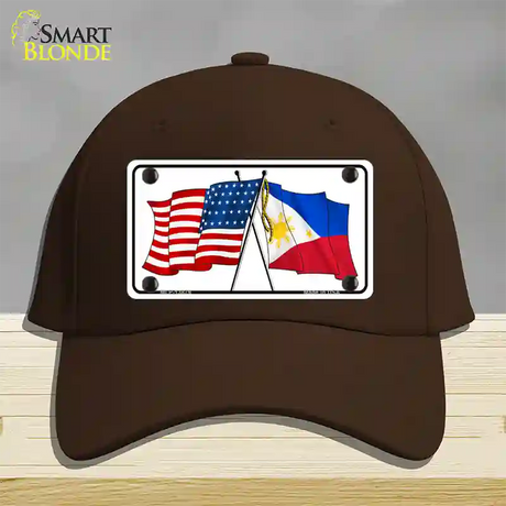 Philippines US Crossed Flag Novelty License Plate Hat Tag Cotton / Dark Brown