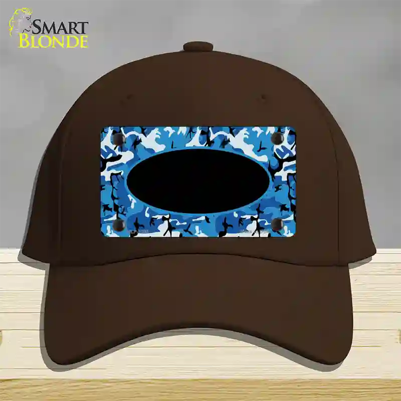 Blue Camo With Black Center Oval Novelty License Plate Hat Cotton / Dark Brown