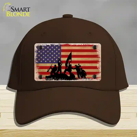 Grunge American Flag with Soldiers Novelty License Plate Hat Tag Cotton / Dark Brown