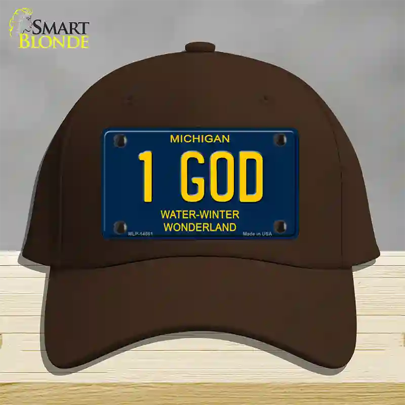 1 God Michigan Blue Novelty License Plate Hat Cotton / Dark Brown