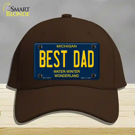 Best Dad Michigan Blue Novelty License Plate Hat Cotton / Dark Brown