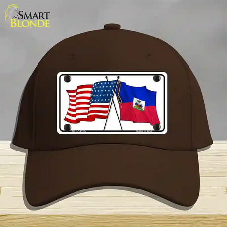 Haiti Crossed US Flag Novelty License Plate Hat Cotton / Dark Brown