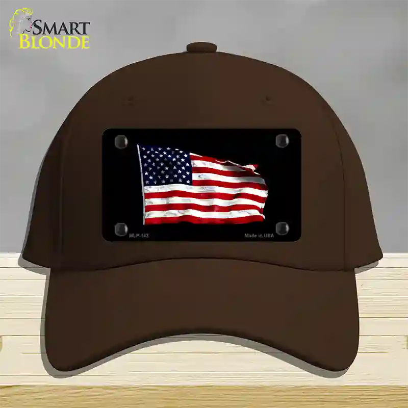 Waving American Flag Black Novelty License Plate Hat Cotton / Dark Brown