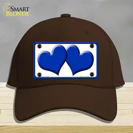 Solid Blue Centered Hearts White Novelty License Plate Hat Cotton / Dark Brown