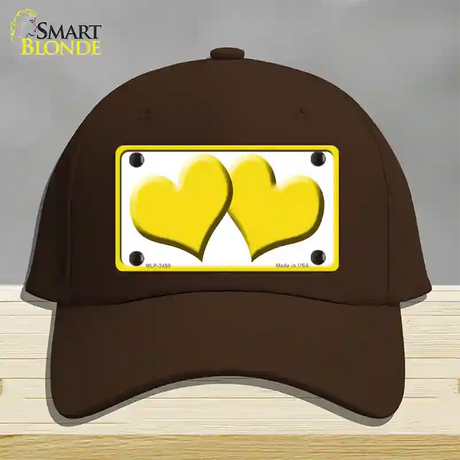 Solid Yellow Centered Hearts White Novelty License Plate Hat Cotton / Dark Brown