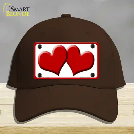 Solid Red Centered Hearts White Novelty License Plate Hat Cotton / Dark Brown