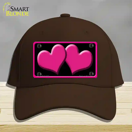 Solid Pink Centered Hearts Black Novelty License Plate Hat Cotton / Dark Brown