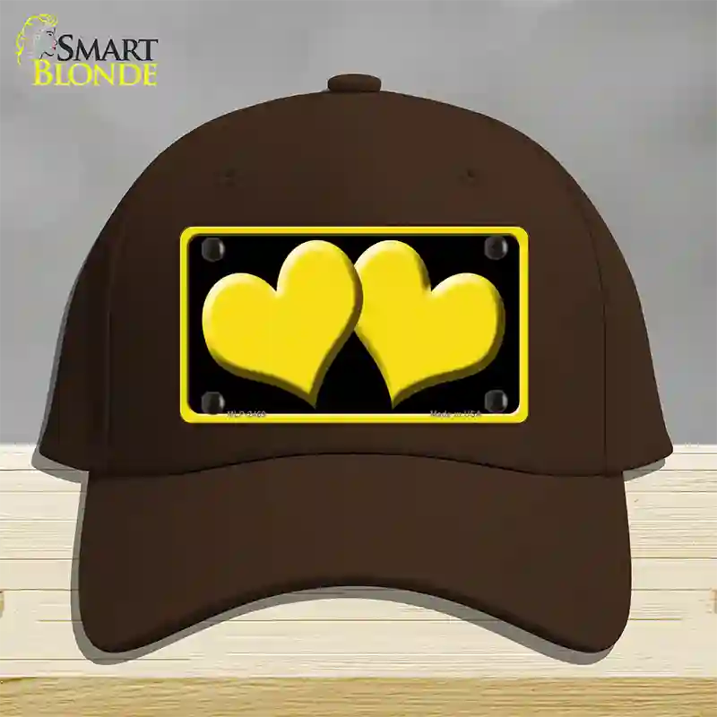 Solid Yellow Centered Hearts Black Novelty License Plate Hat Cotton / Dark Brown