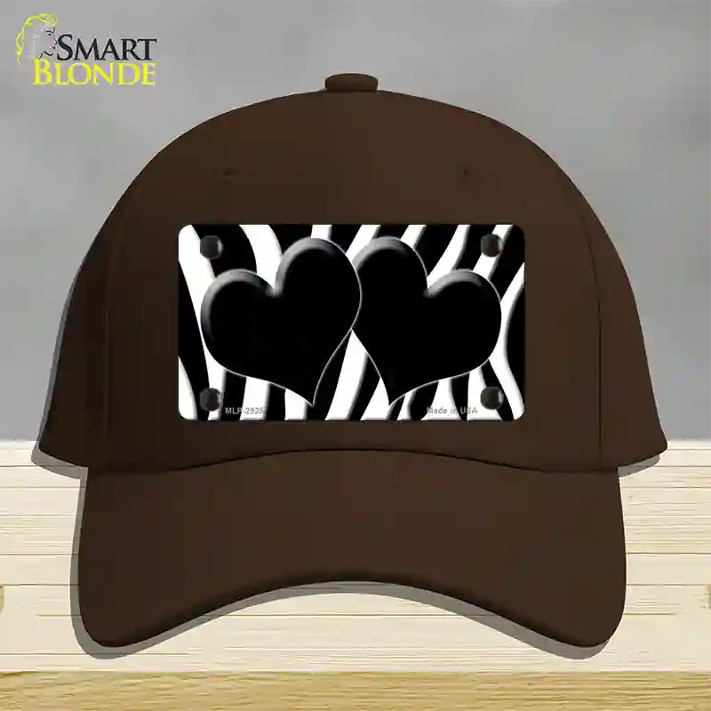 Black White Zebra Black Centered Hearts Novelty License Plate Hat Cotton / Dark Brown