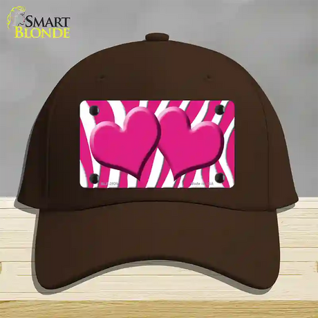 Pink White Zebra Pink Centered Hearts Novelty License Plate Hat Cotton / Dark Brown