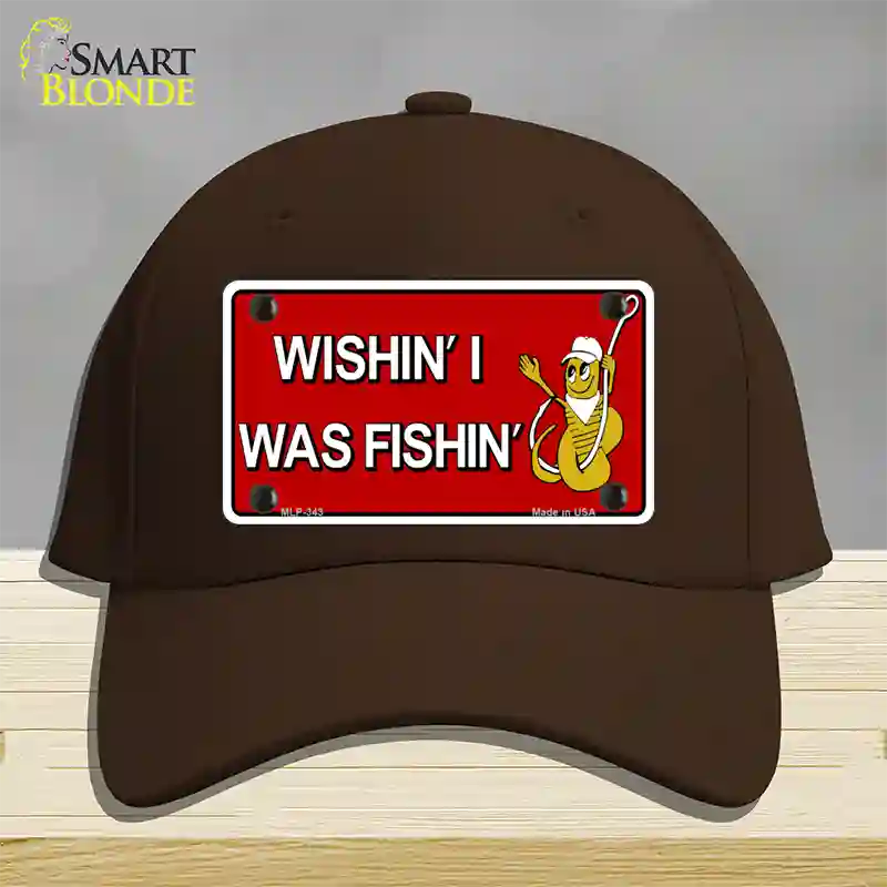 Wishin I Was Fishin Red Novelty License Plate Hat Cotton / Dark Brown