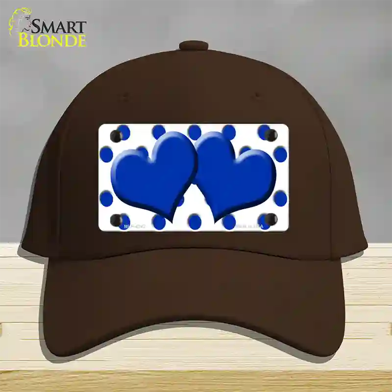 Blue White Polka Dot Blue Centered Hearts Novelty License Plate Hat Cotton / Dark Brown