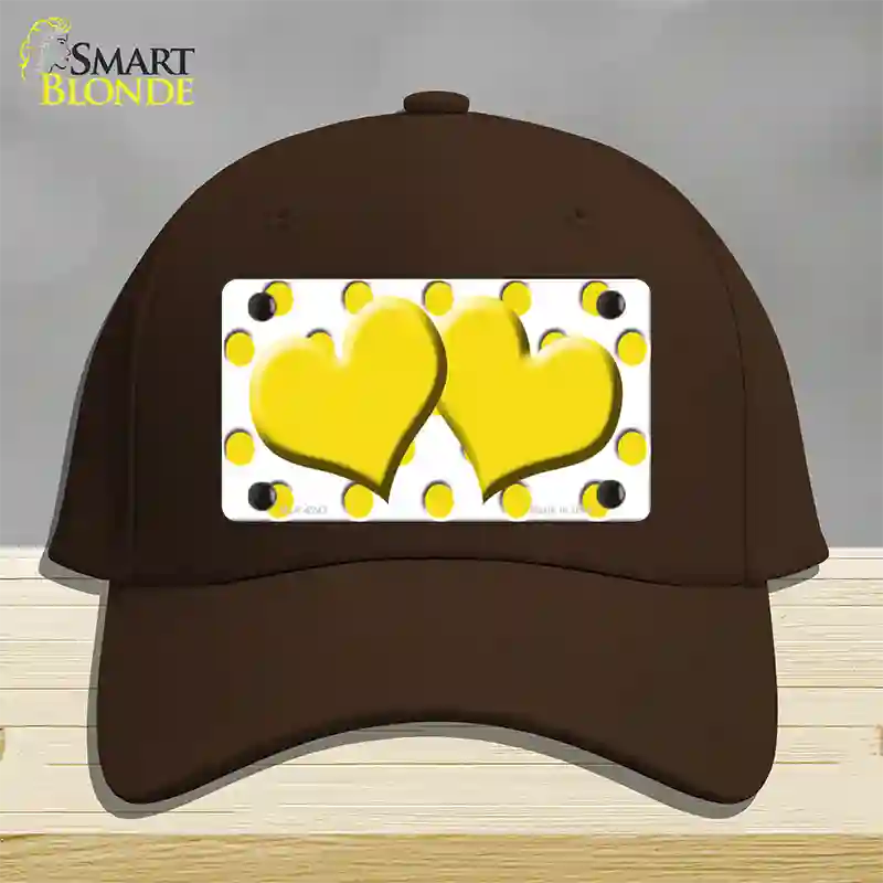 Yellow White Polka Dot Yellow Centered Hearts Novelty License Plate Hat Cotton / Dark Brown