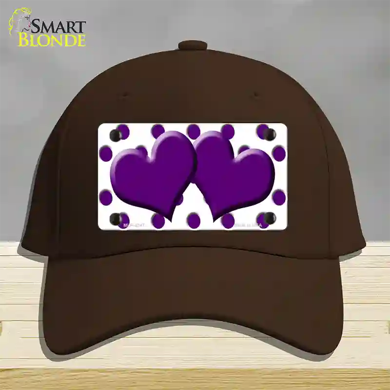 Purple White Polka Dot Purple Centered Hearts Novelty License Plate Hat Cotton / Dark Brown