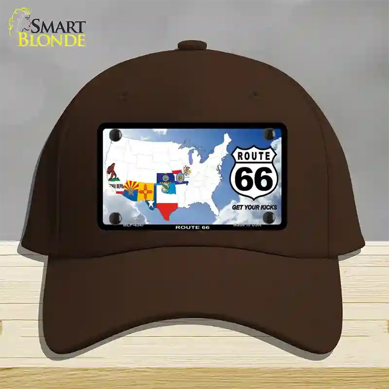 Route 66 8 Flags Clouds Novelty License Plate Hat Cotton / Dark Brown