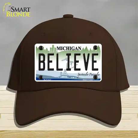 Believe Michigan Novelty License Plate Hat Cotton / Dark Brown